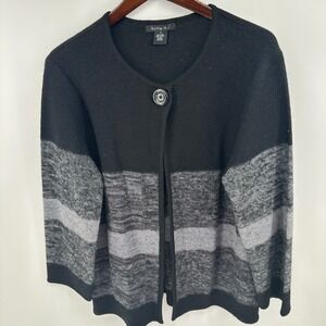 Tally-Ho Womens 100% Wool Colorblock Striped Cardigan Sweater Black Grey Size M